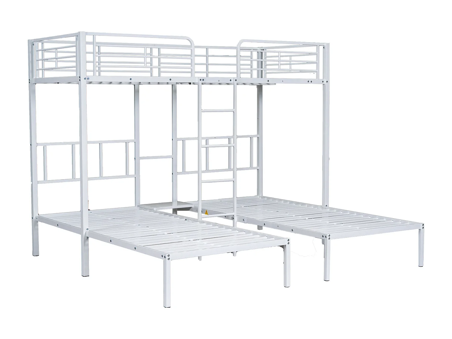 Cama triple entreplanta 90x200x3cm con balda de almacenaje, somier de láminas, estructura de metal blanco