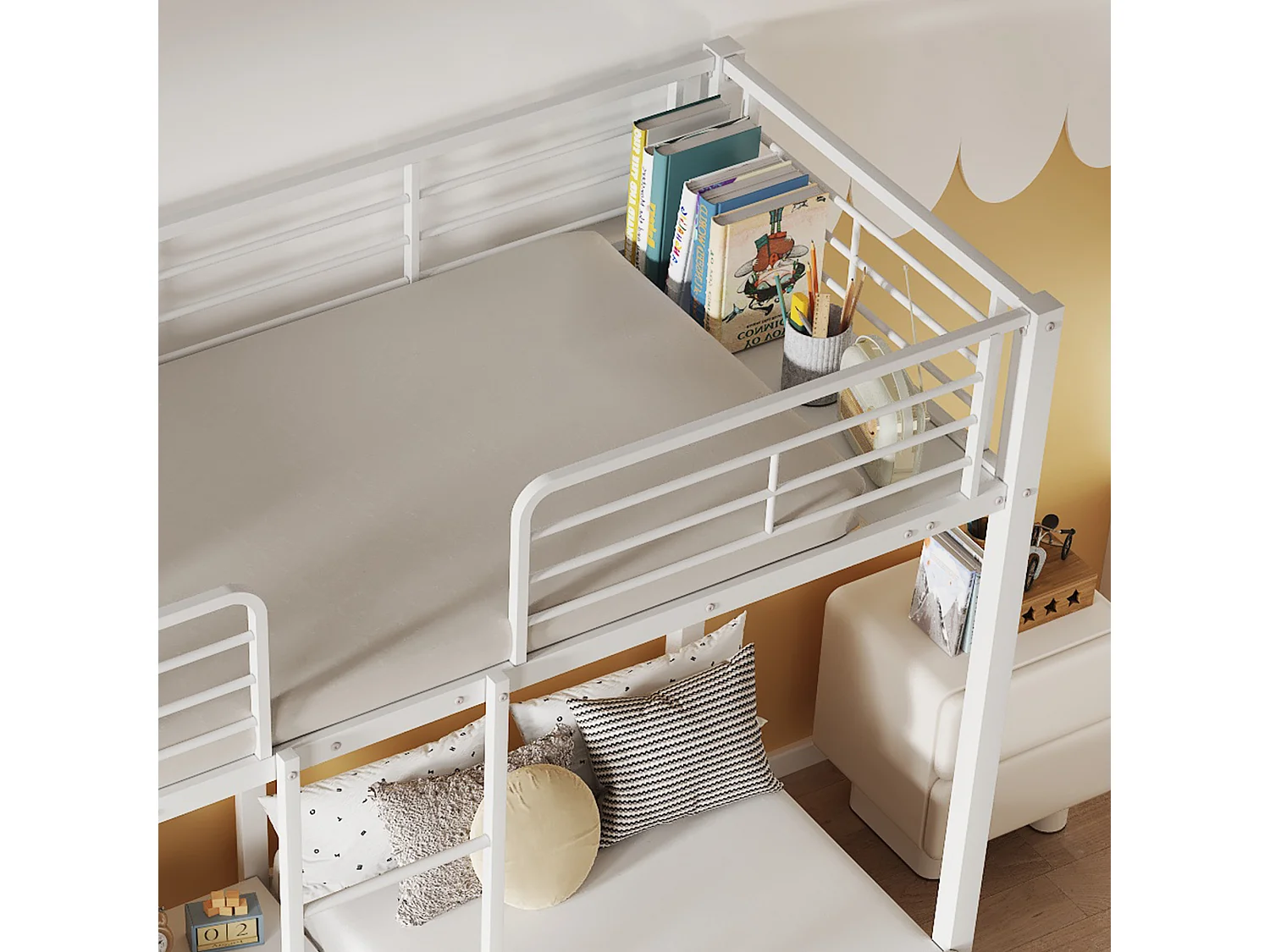 Cama triple entreplanta 90x200x3cm con balda de almacenaje, somier de láminas, estructura de metal blanco