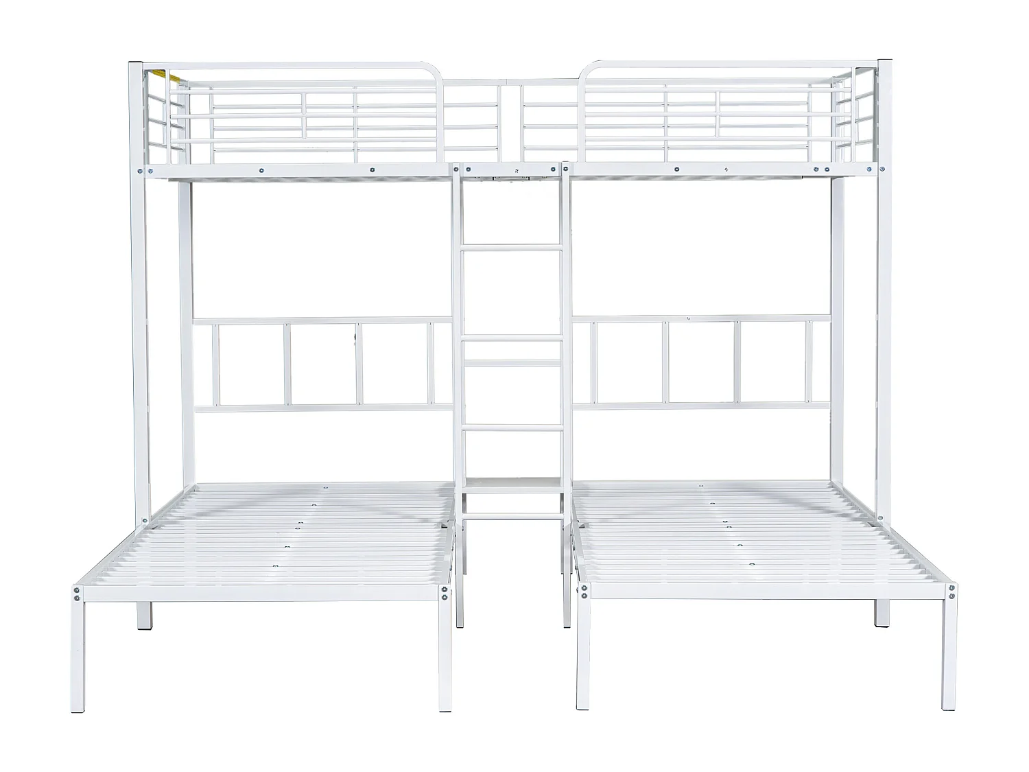 Cama triple entreplanta 90x200x3cm con balda de almacenaje, somier de láminas, estructura de metal blanco