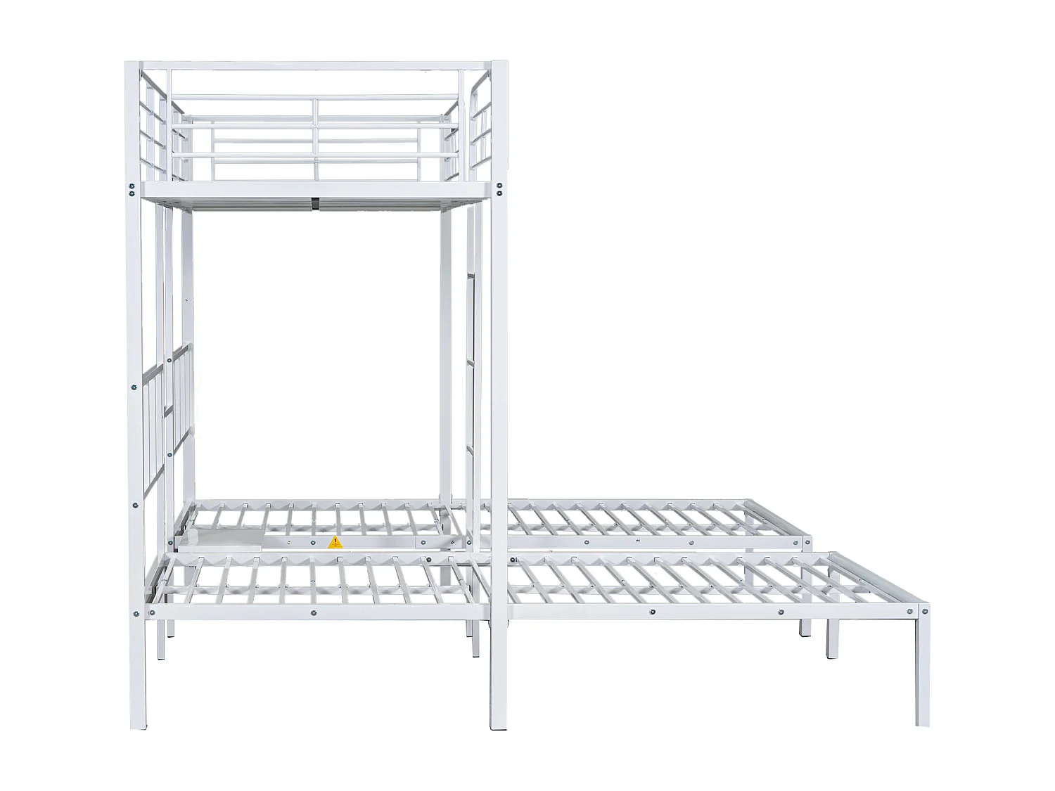Cama triple entreplanta 90x200x3cm con balda de almacenaje, somier de láminas, estructura de metal blanco