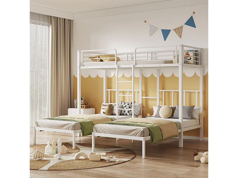 Cama triple entreplanta 90x200x3cm con balda de almacenaje, somier de láminas, estructura de metal blanco