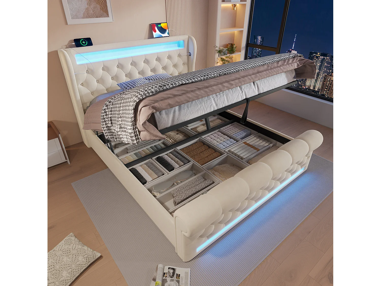 Lit coffre adulte 160x200cm avec LED et USB type-C, Tissu en velours beige, sommier à lattes, sans matelas