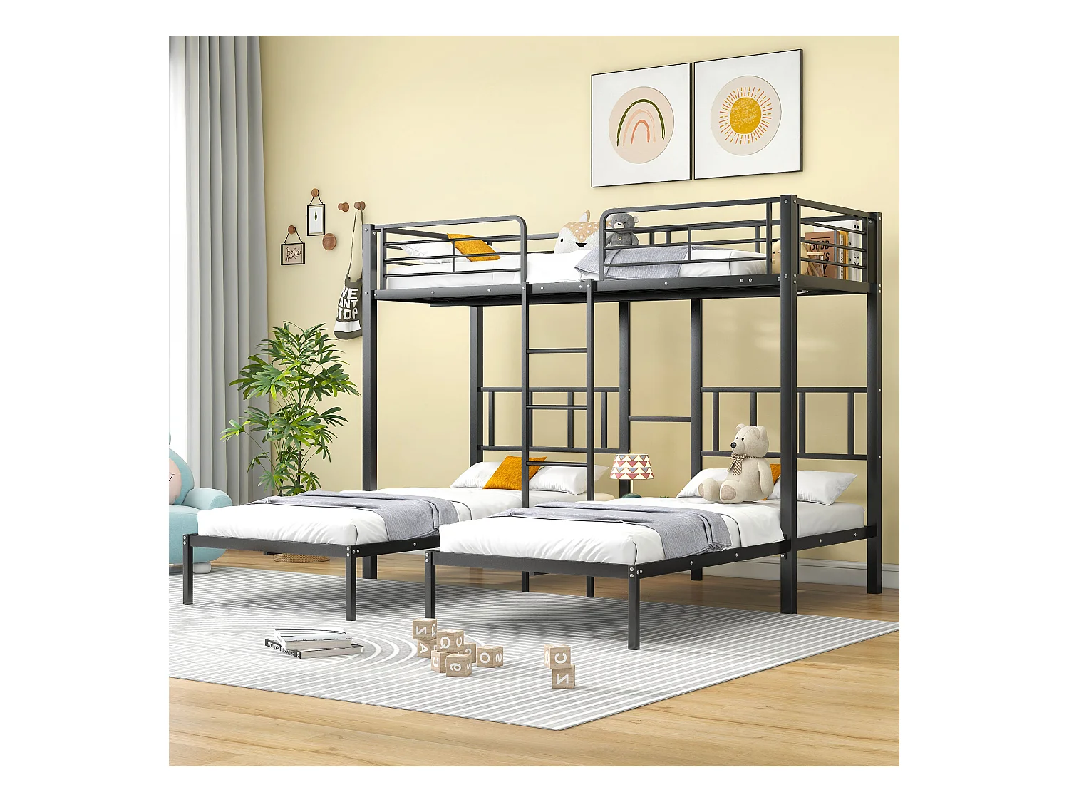 Driepersoons mezzaninebed 90x200x3cm met opbergplank, lattenbodem, zwart metalen frame