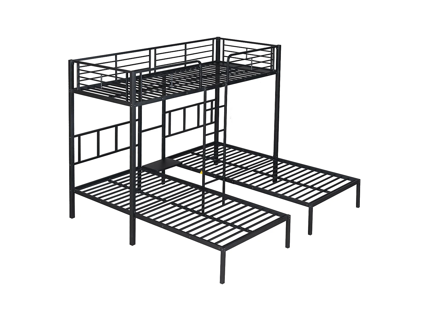 Driepersoons mezzaninebed 90x200x3cm met opbergplank, lattenbodem, zwart metalen frame