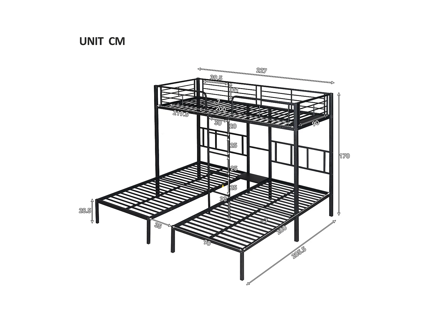 Driepersoons mezzaninebed 90x200x3cm met opbergplank, lattenbodem, zwart metalen frame