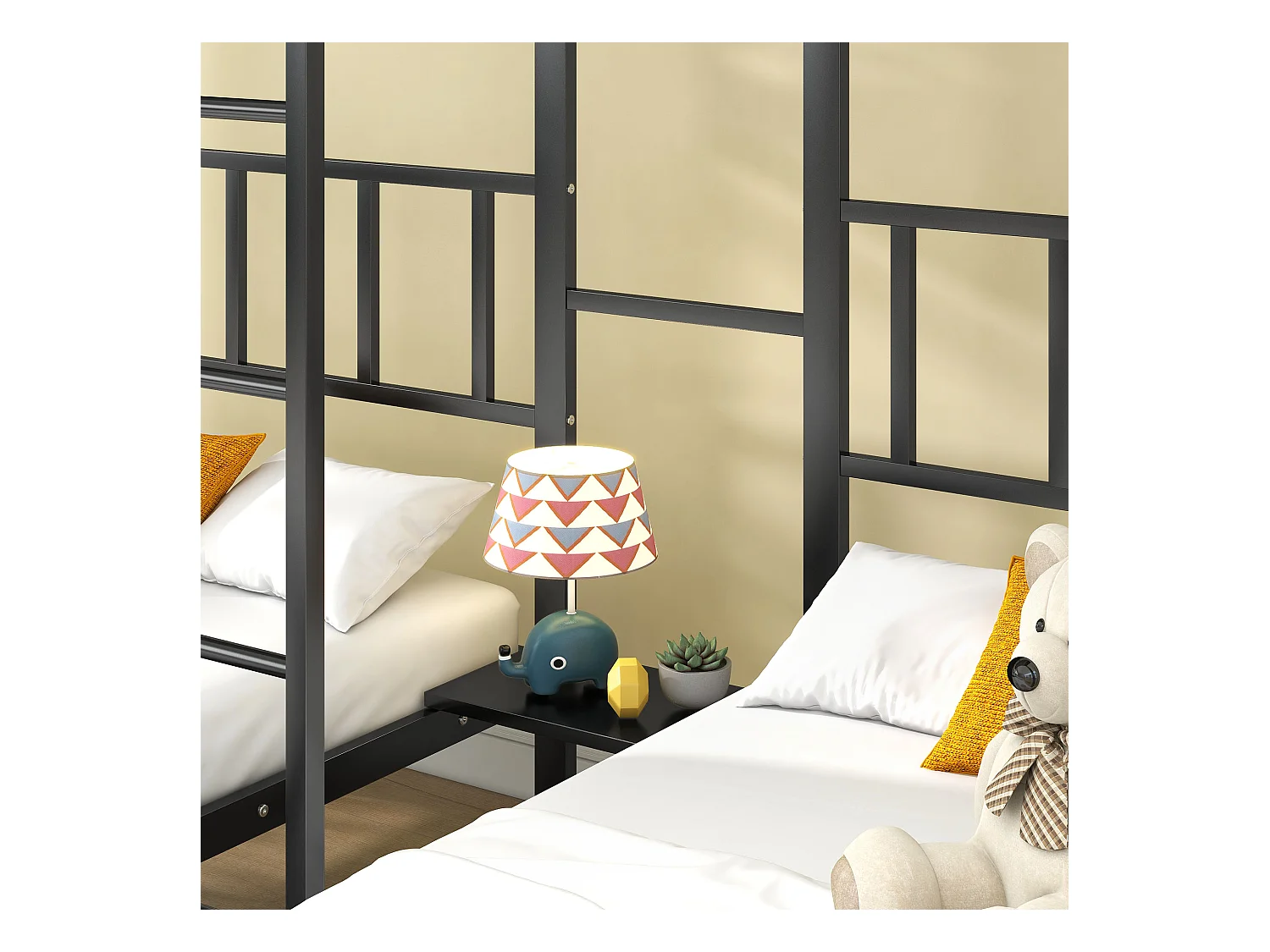 Driepersoons mezzaninebed 90x200x3cm met opbergplank, lattenbodem, zwart metalen frame