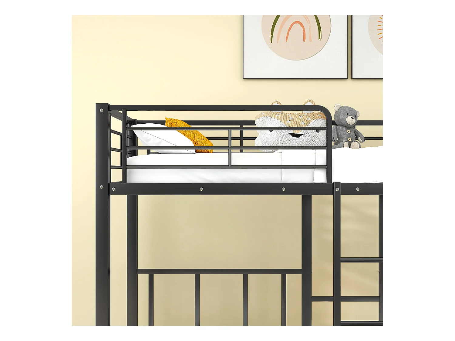 Driepersoons mezzaninebed 90x200x3cm met opbergplank, lattenbodem, zwart metalen frame