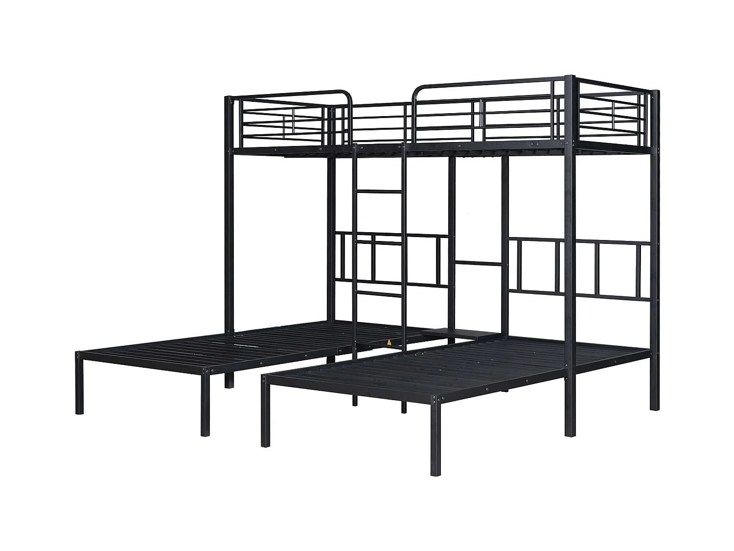 Driepersoons mezzaninebed 90x200x3cm met opbergplank, lattenbodem, zwart metalen frame