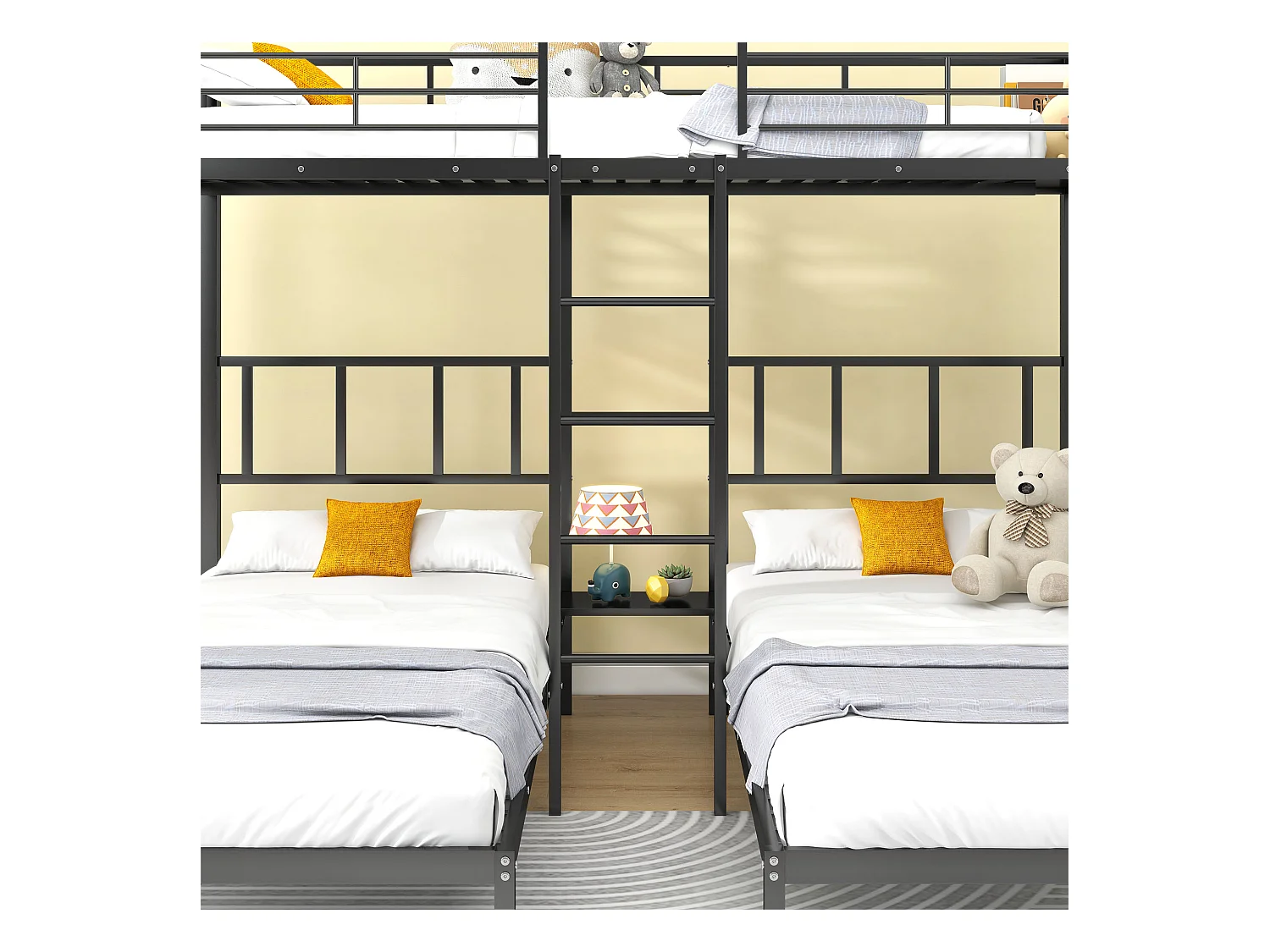 Lit mezzanine triple 90x200x3cm avec tablette de rangement, sommier à lattes, cadre en Métal noir