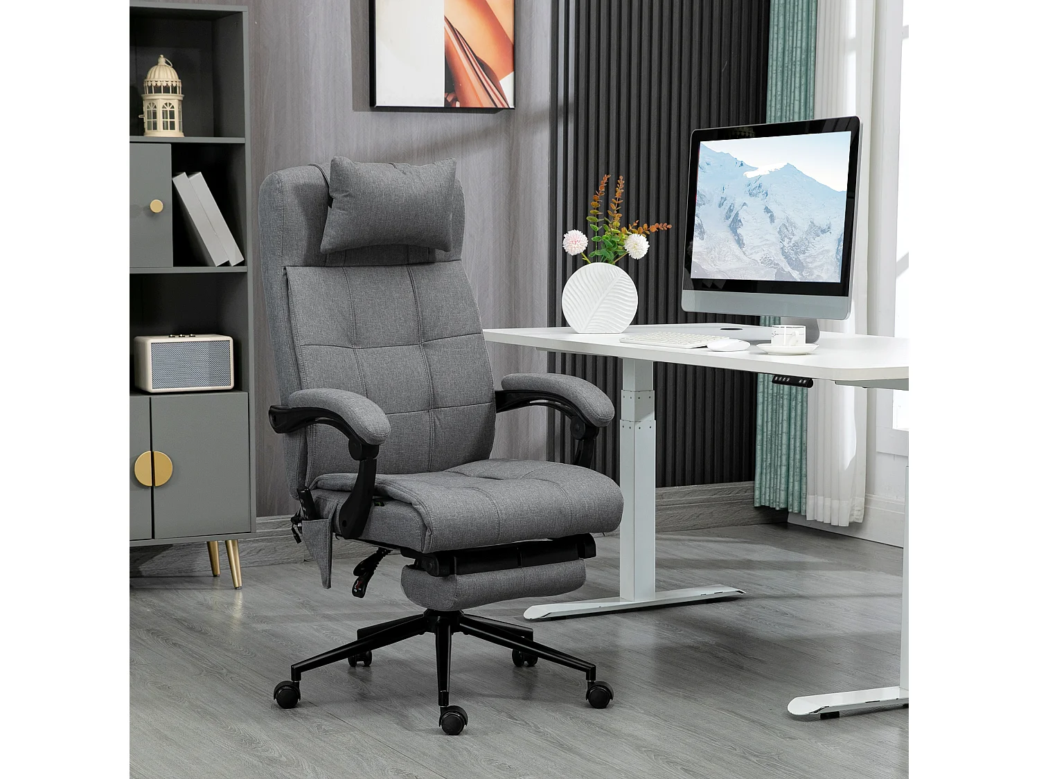 Fauteuil de Bureau Massant et Chauffant - 6 Points de Vibration, Dossier Inclinable 155°,gris