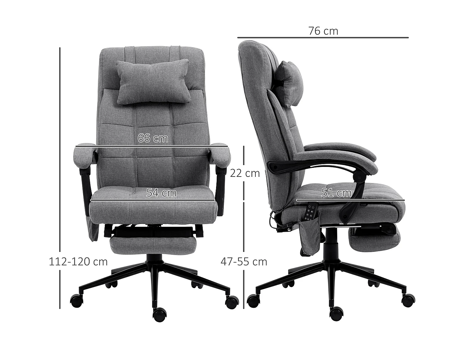 Fauteuil de Bureau Massant et Chauffant - 6 Points de Vibration, Dossier Inclinable 155°,gris