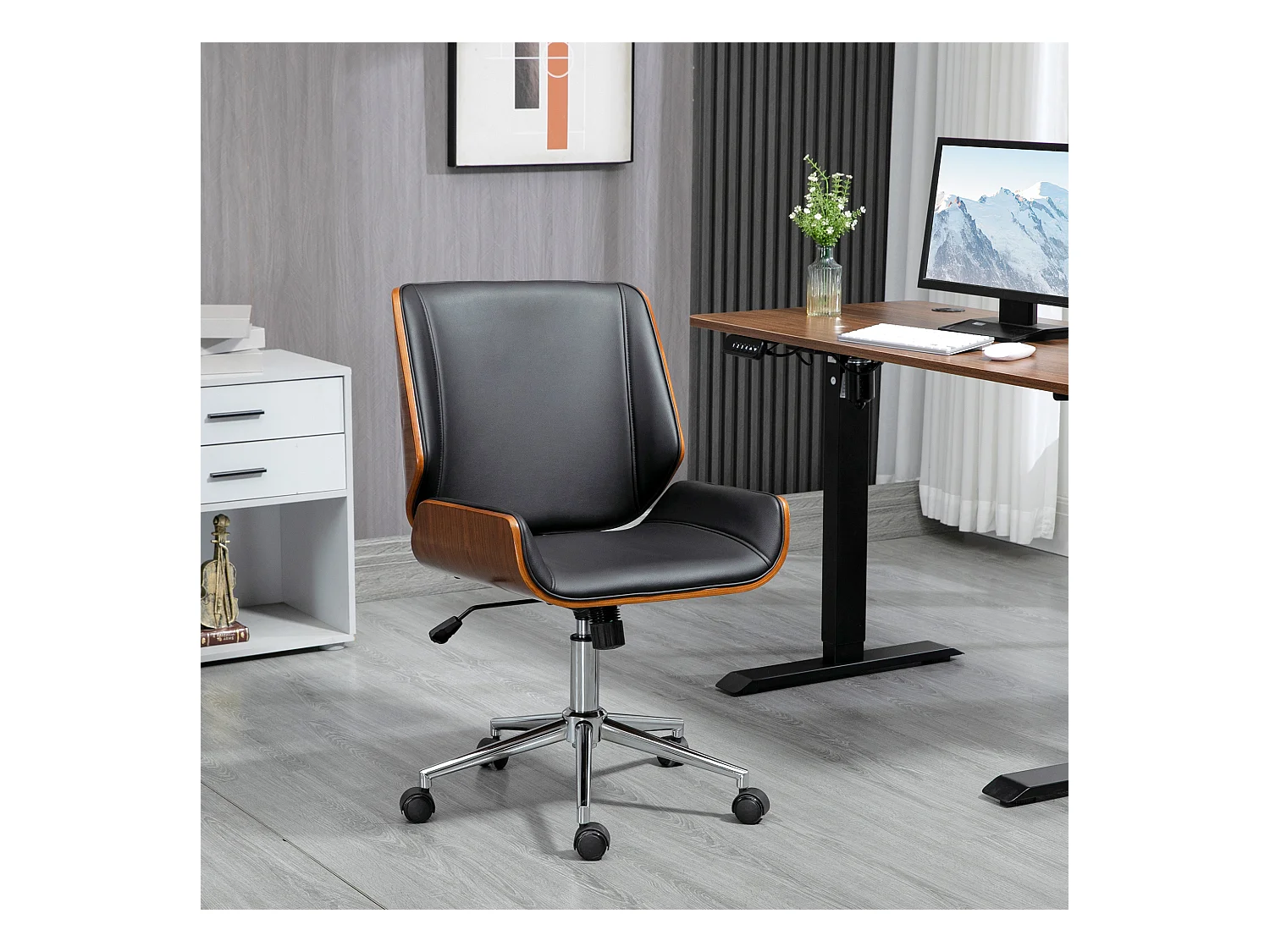 Chaise de bureau à roulettes pivotante en similicuir noir, réglable en hauteur, cadre en métal argenté
