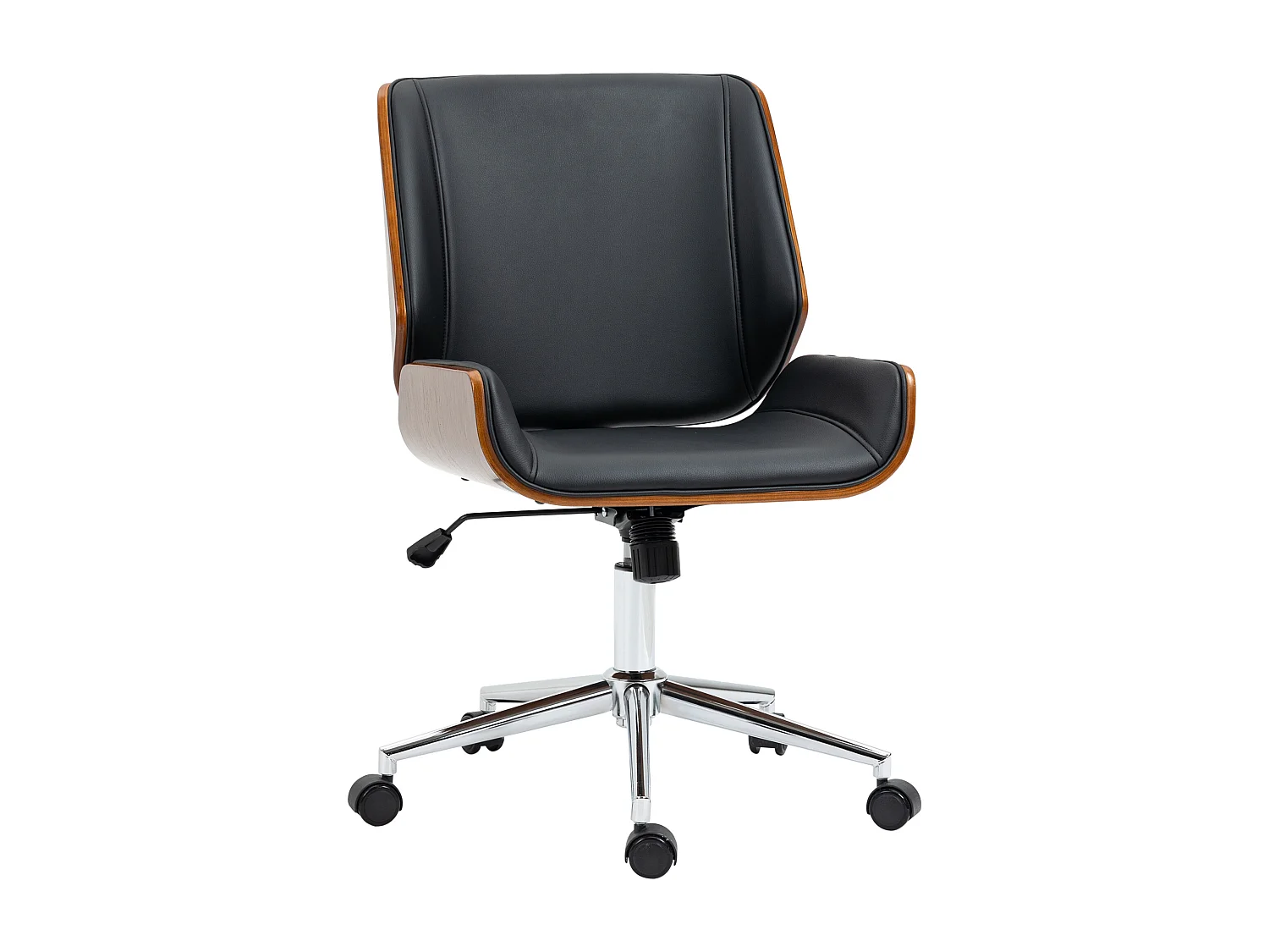 Chaise de bureau à roulettes pivotante en similicuir noir, réglable en hauteur, cadre en métal argenté