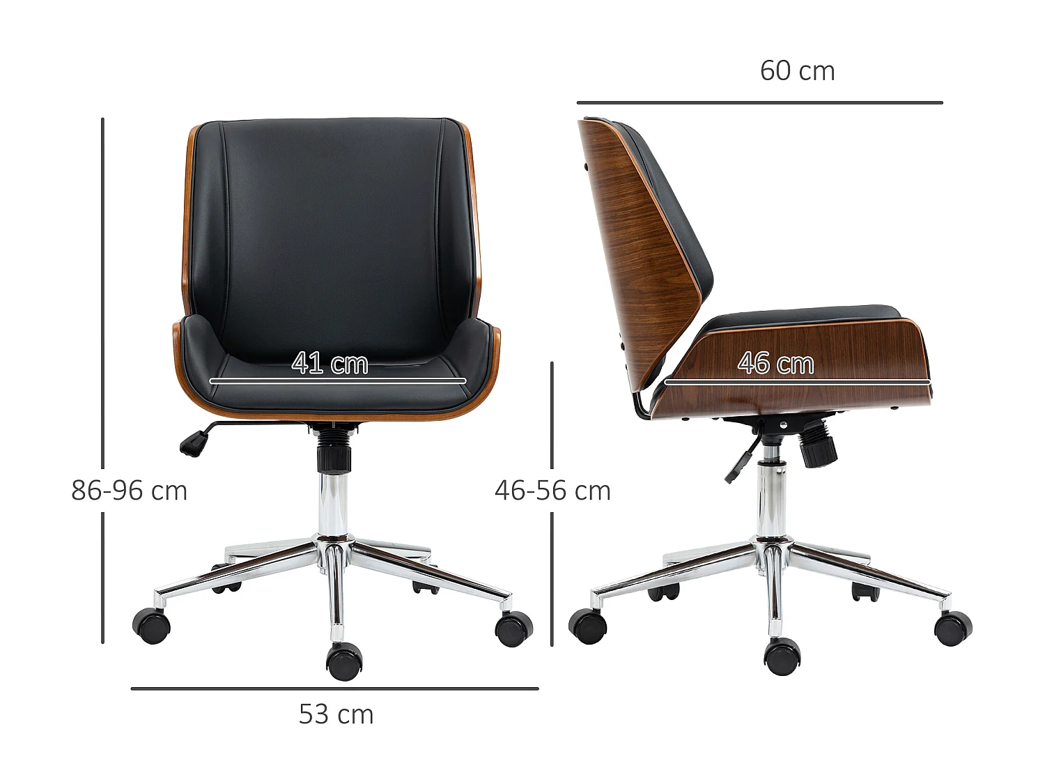 Chaise de bureau à roulettes pivotante en similicuir noir, réglable en hauteur, cadre en métal argenté