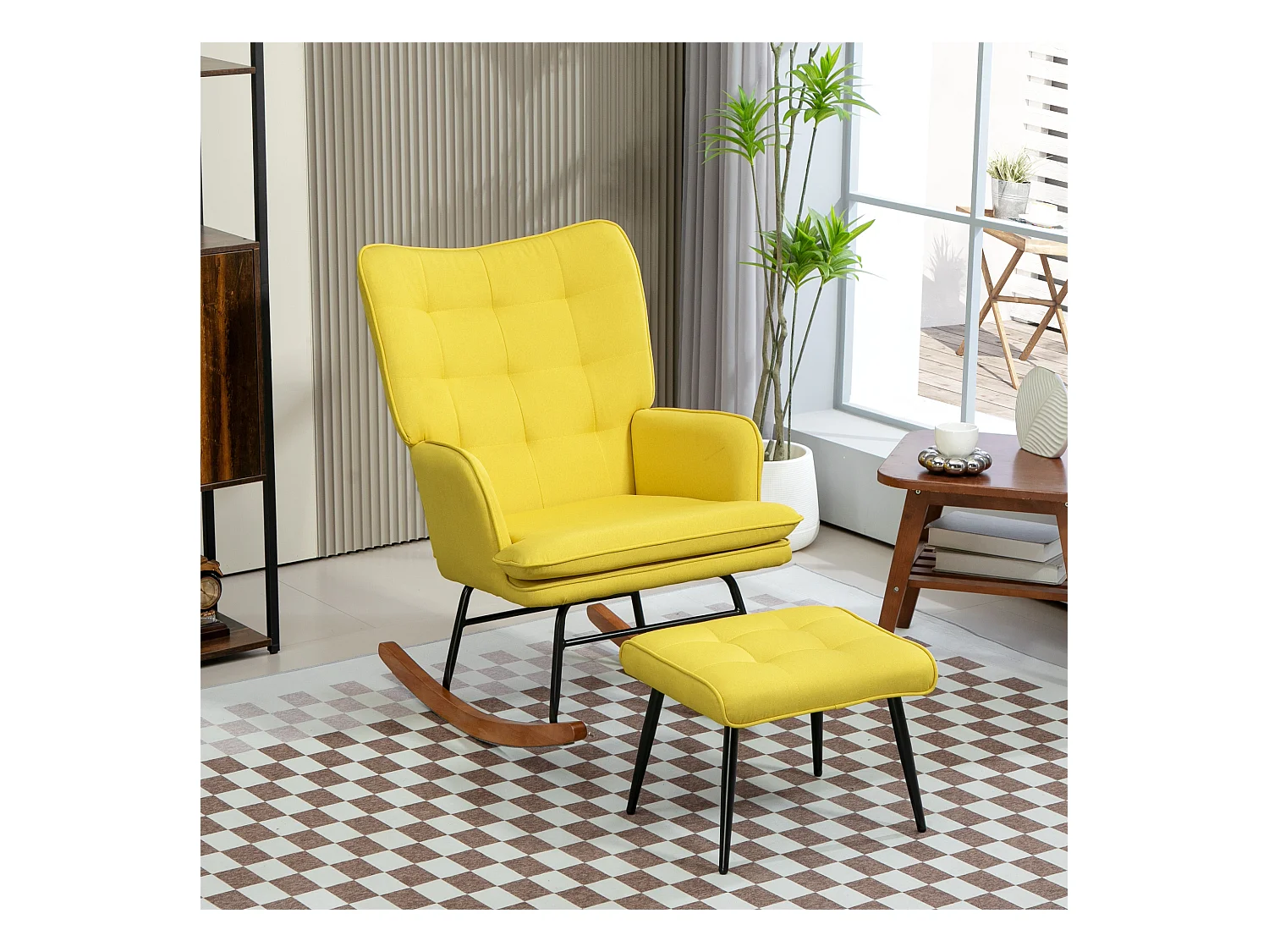 Fauteuil à bascule, rocking chair avec tabouret en lin jaune, cadre en acier et pieds en bois