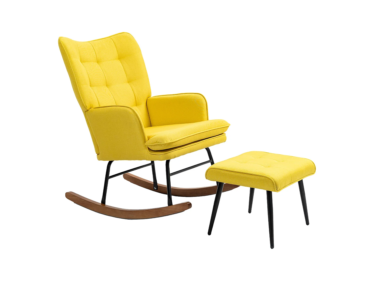 Fauteuil à bascule, rocking chair avec tabouret en lin jaune, cadre en acier et pieds en bois