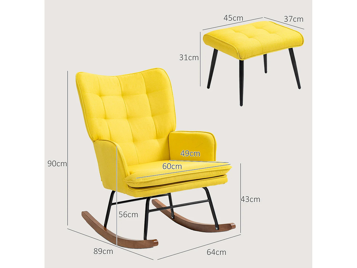 Fauteuil à bascule, rocking chair avec tabouret en lin jaune, cadre en acier et pieds en bois