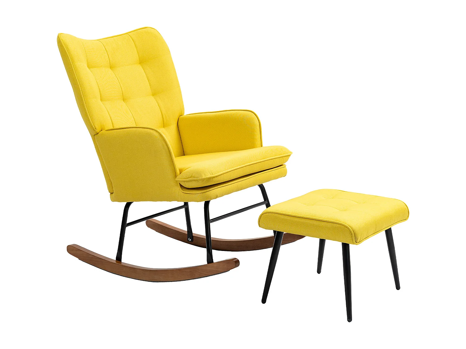 Fauteuil à bascule, rocking chair avec tabouret en lin jaune, cadre en acier et pieds en bois