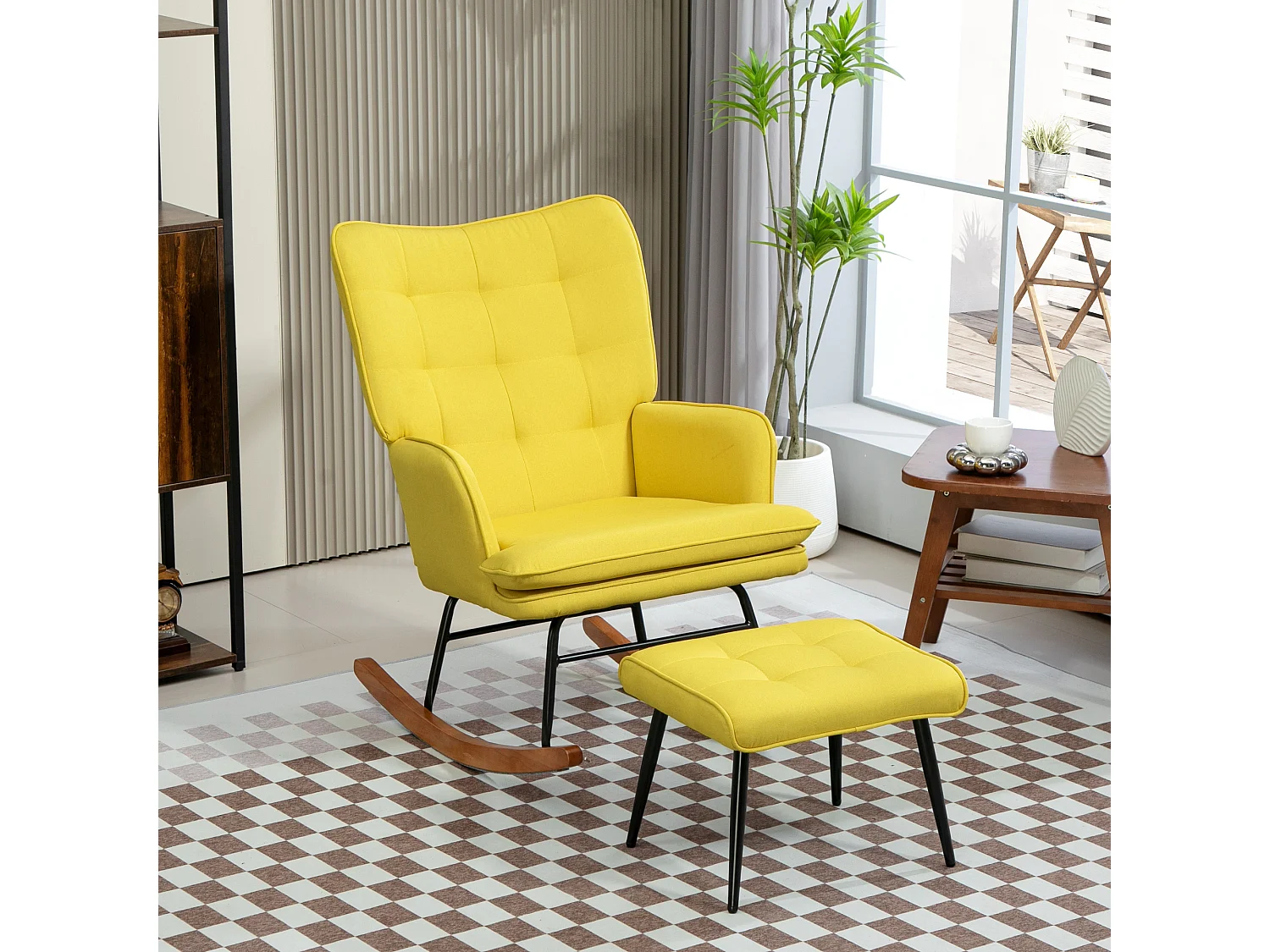 Fauteuil à bascule, rocking chair avec tabouret en lin jaune, cadre en acier et pieds en bois