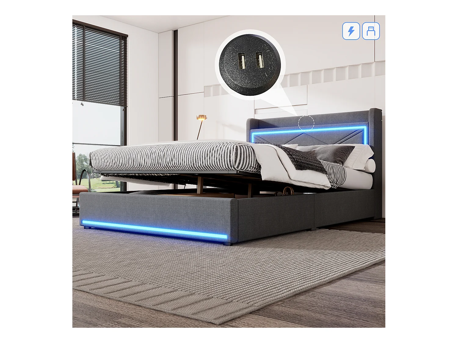 Lit coffre adulte 140x200cm gris en lin avec LED et USB, sommier à lattes, sans matelas