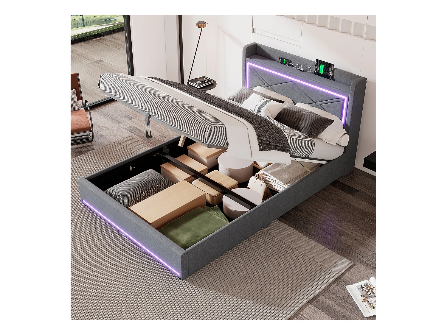 Lit coffre adulte 140x200cm gris en lin avec LED et USB, sommier à lattes, sans matelas