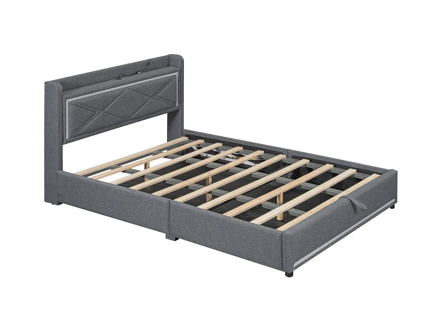 Lit coffre adulte 140x200cm gris en lin avec LED et USB, sommier à lattes, sans matelas