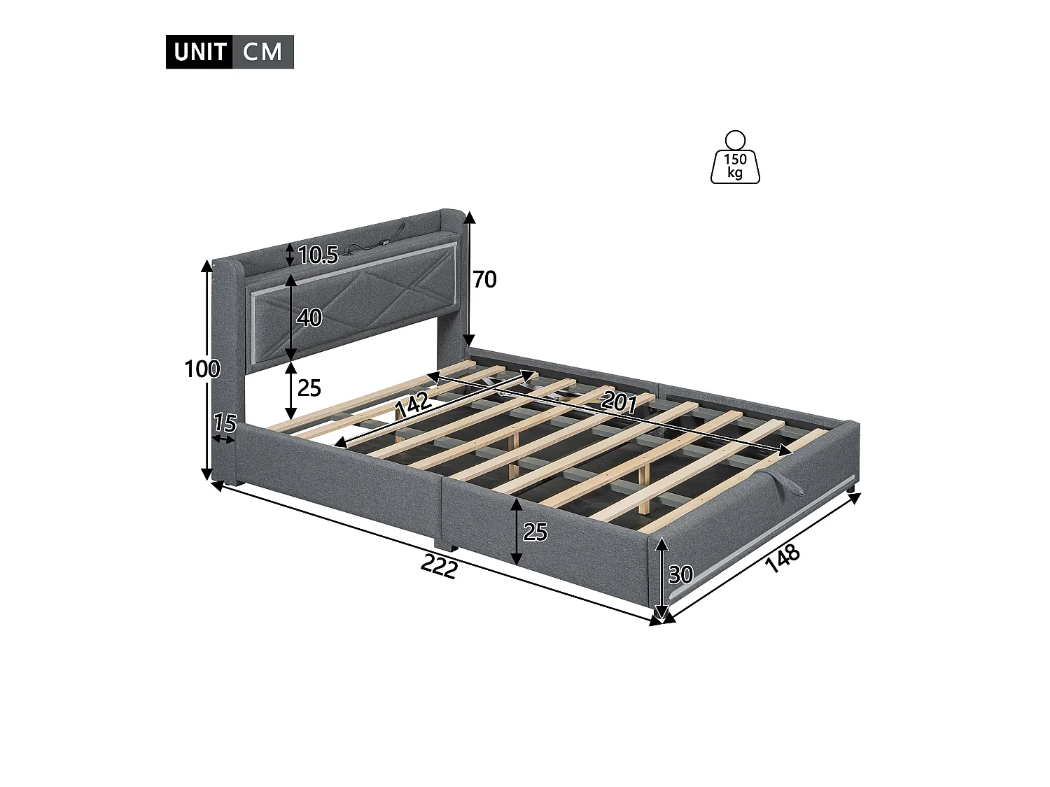 Lit coffre adulte 140x200cm gris en lin avec LED et USB, sommier à lattes, sans matelas