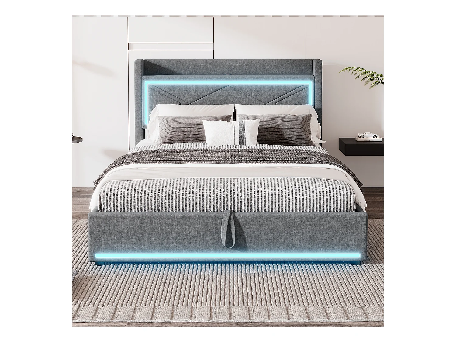 Lit coffre adulte 140x200cm gris en lin avec LED et USB, sommier à lattes, sans matelas