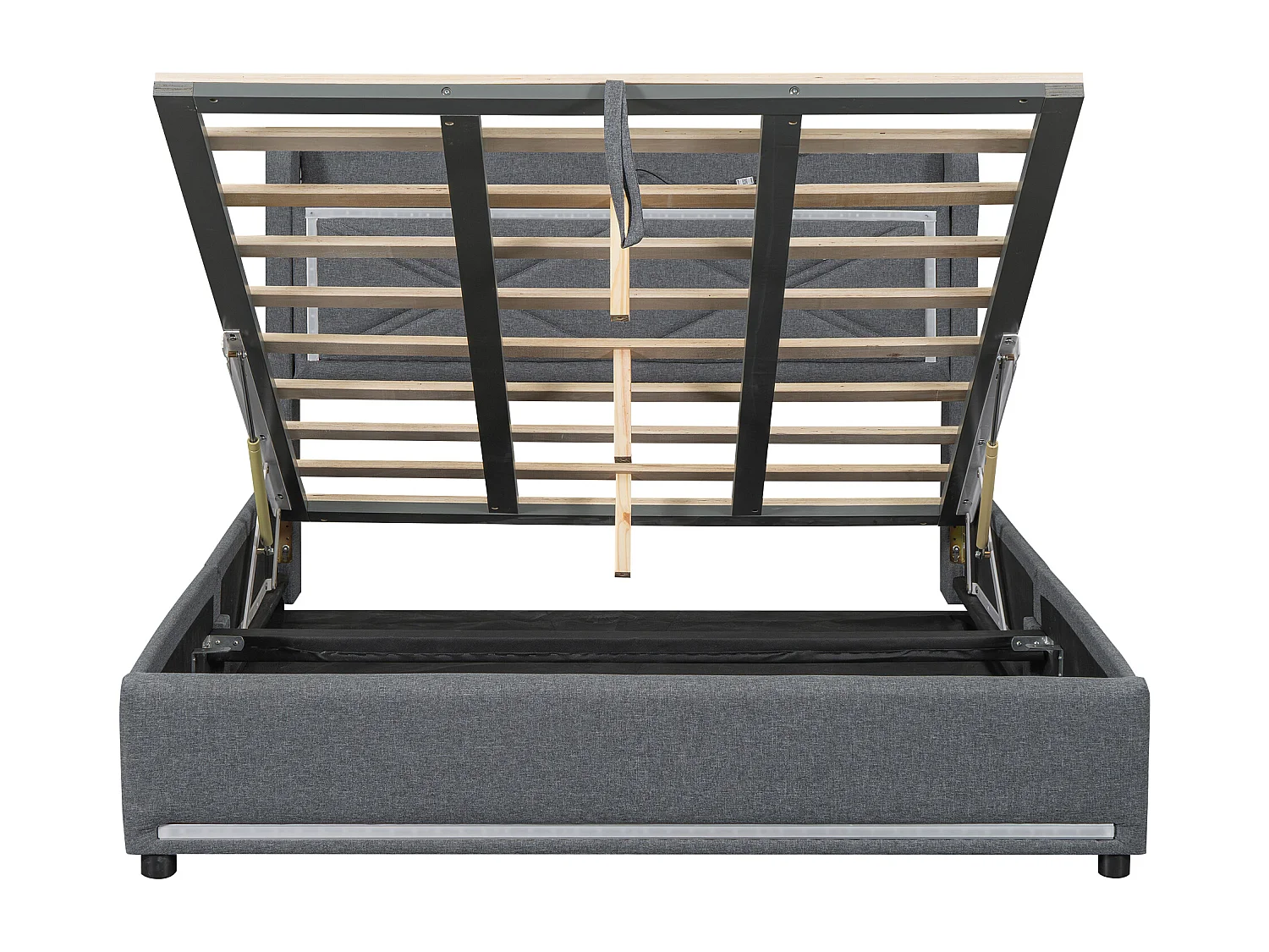 Lit coffre adulte 140x200cm gris en lin avec LED et USB, sommier à lattes, sans matelas