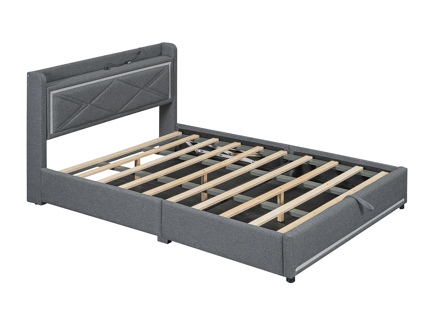 Lit coffre adulte 140x200cm gris en lin avec LED et USB, sommier à lattes, sans matelas