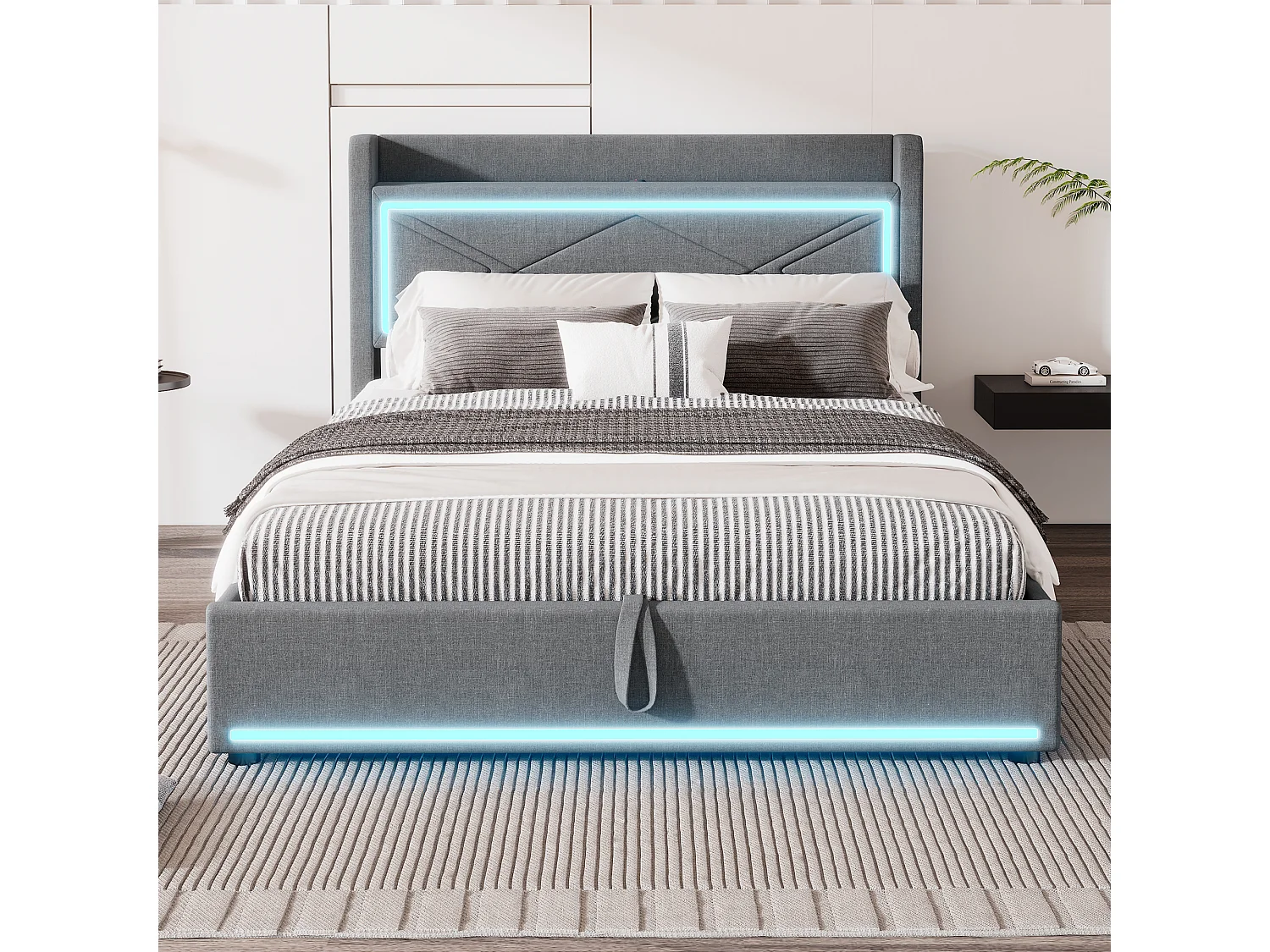 Lit coffre adulte 140x200cm gris en lin avec LED et USB, sommier à lattes, sans matelas