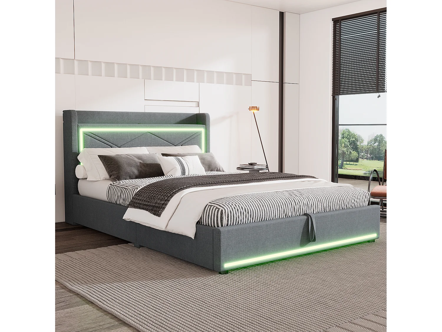 Lit coffre adulte 140x200cm gris en lin avec LED et USB, sommier à lattes, sans matelas