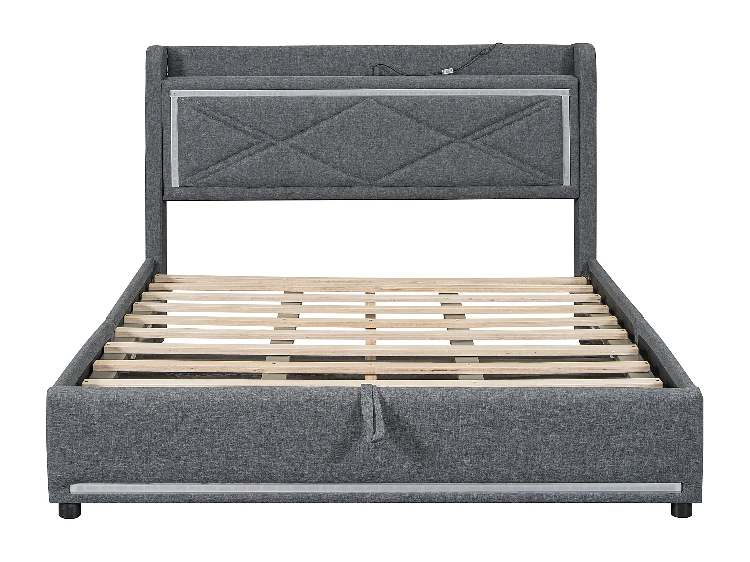 Lit coffre adulte 140x200cm gris en lin avec LED et USB, sommier à lattes, sans matelas