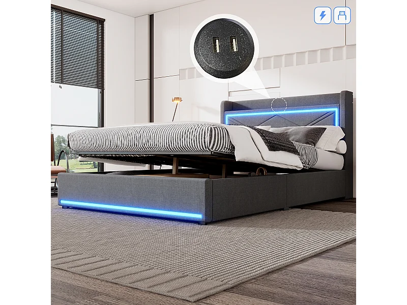 Lit coffre adulte 140x200cm gris en lin avec LED et USB, sommier à lattes, sans matelas