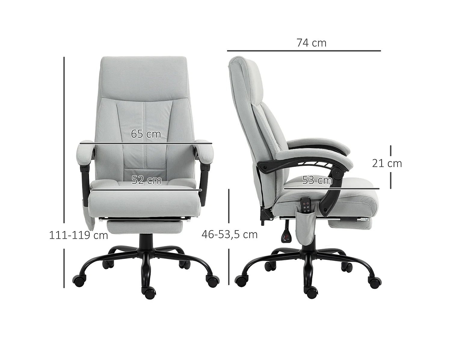 Fauteuil de Bureau Massant et Chauffant - 6 Points de Vibration, Dossier Inclinable 155° en Microfibre gris clair