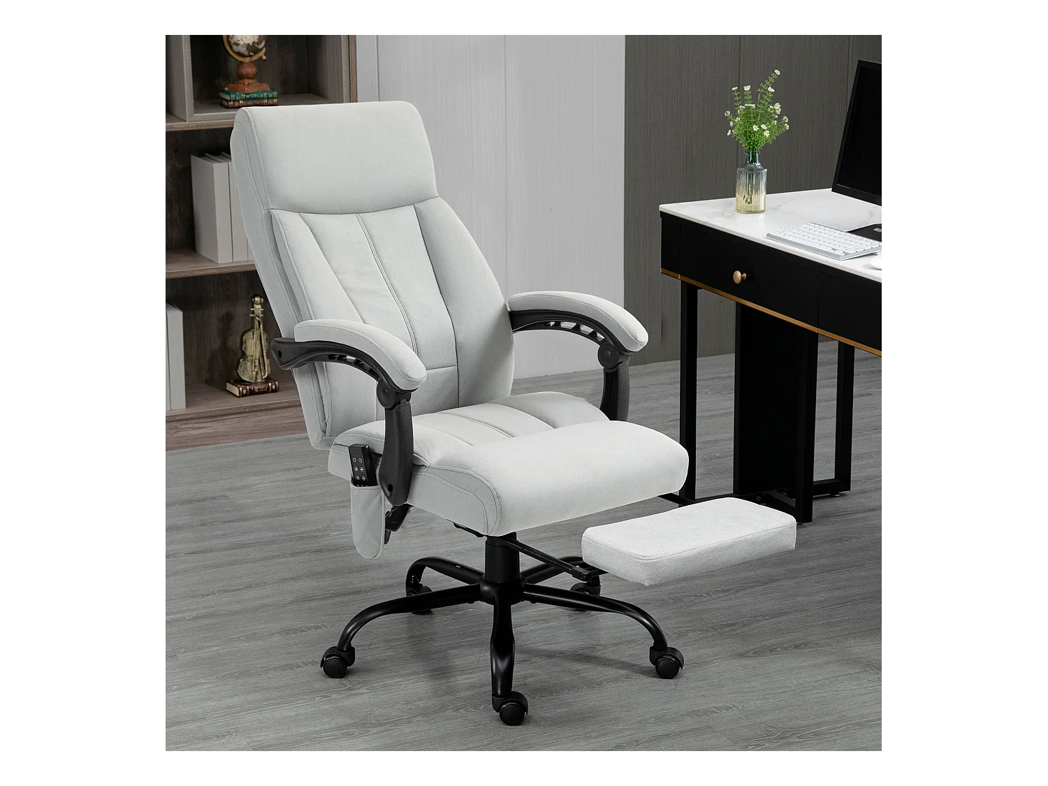 Fauteuil de Bureau Massant et Chauffant - 6 Points de Vibration, Dossier Inclinable 155° en Microfibre gris clair