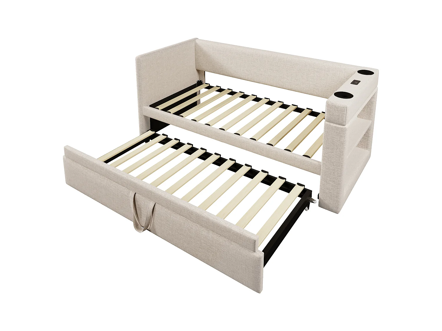 Lit banquette enfant 90x200cm convertible avec lit gigogne 90x190cm, tissu en coton et lin beige, sommier à lattes, sans matelas