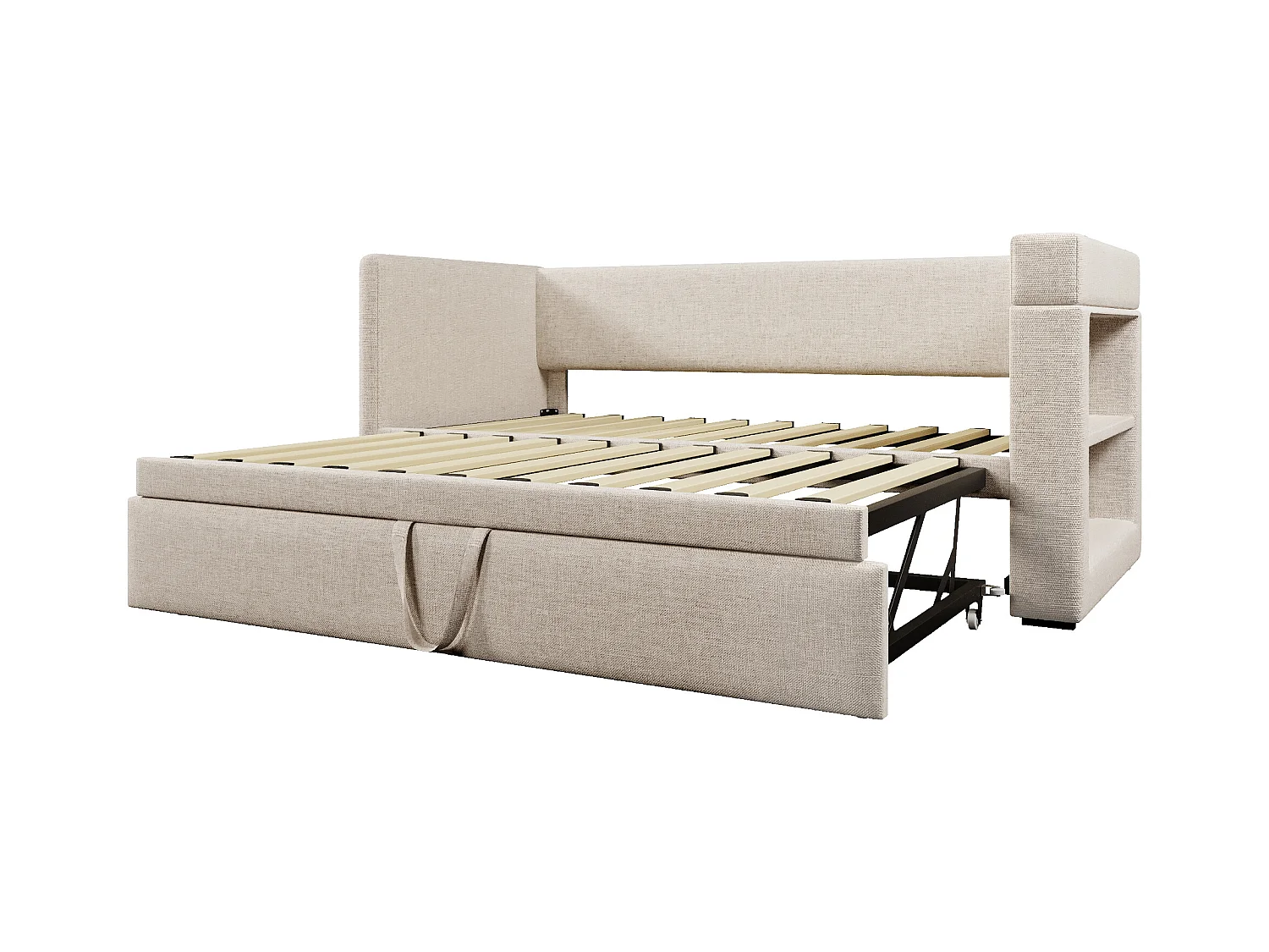 Lit banquette enfant 90x200cm convertible avec lit gigogne 90x190cm, tissu en coton et lin beige, sommier à lattes, sans matelas