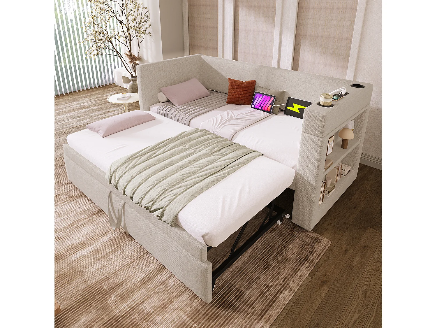Lit banquette enfant 90x200cm convertible avec lit gigogne 90x190cm, tissu en coton et lin beige, sommier à lattes, sans matelas