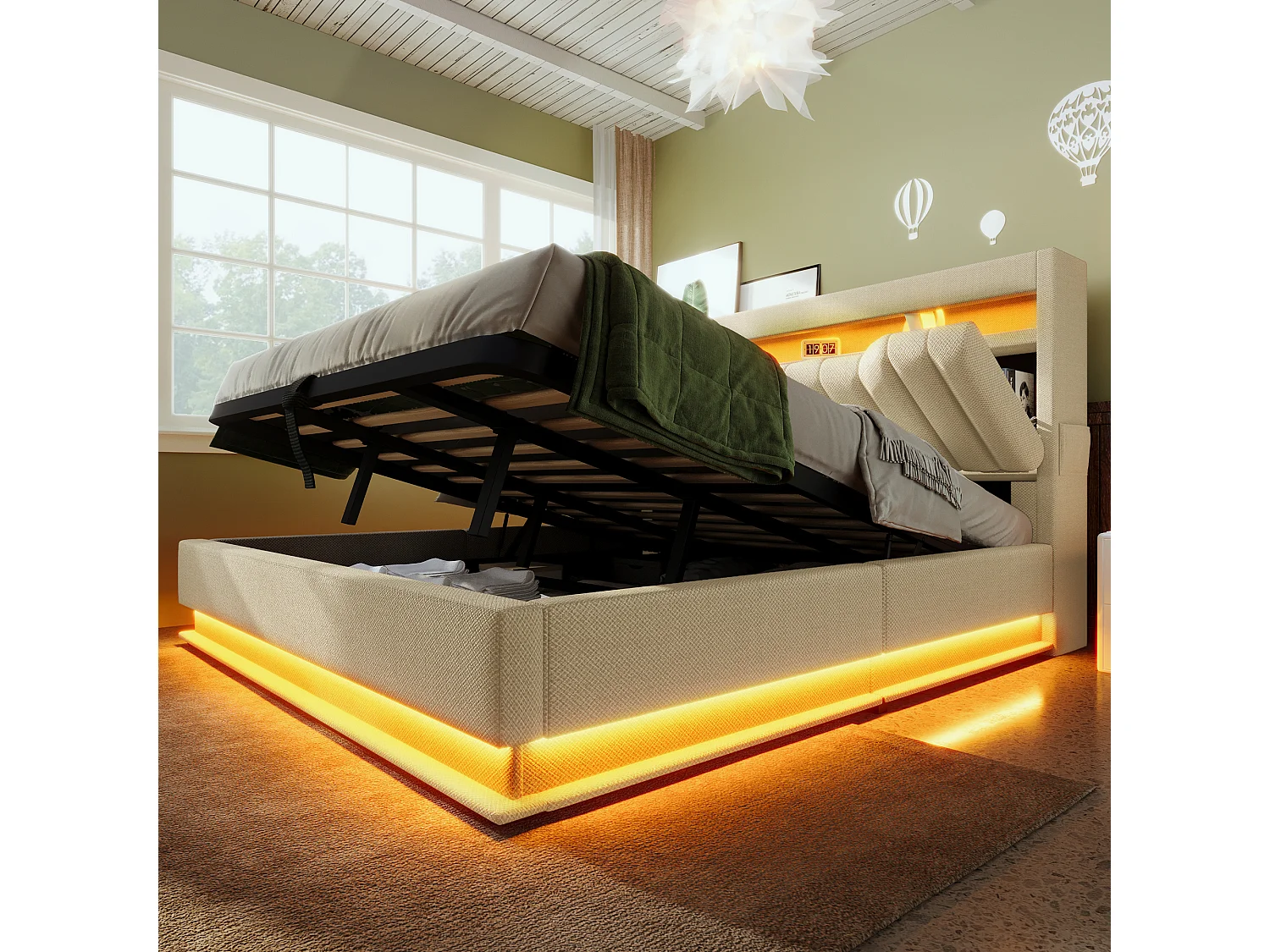 Lit coffre adulte 180x200cm avec LED, USB type-C et tête de lit de rangement, Tissu en lin beige, sommier à lattes, sans matelas
