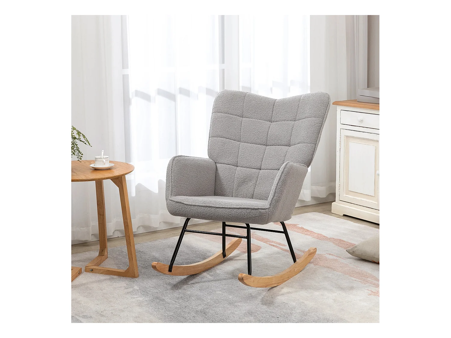 Fauteuil à bascule, rocking chair chiné, cadre en acier et pieds en bois, gris clair