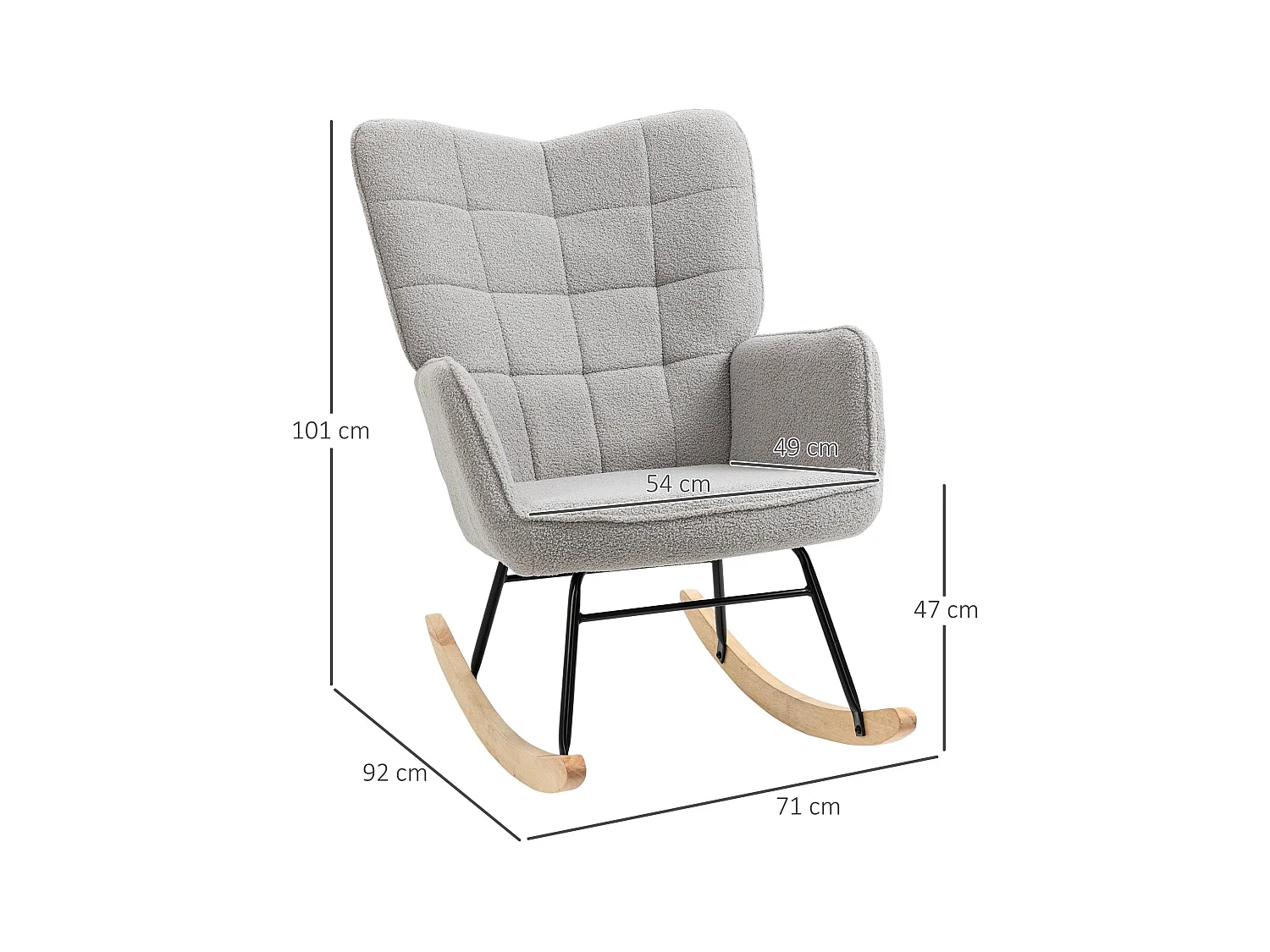 Fauteuil à bascule, rocking chair chiné, cadre en acier et pieds en bois, gris clair