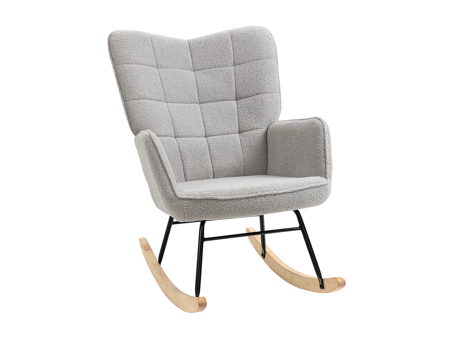 Fauteuil à bascule, rocking chair chiné, cadre en acier et pieds en bois, gris clair