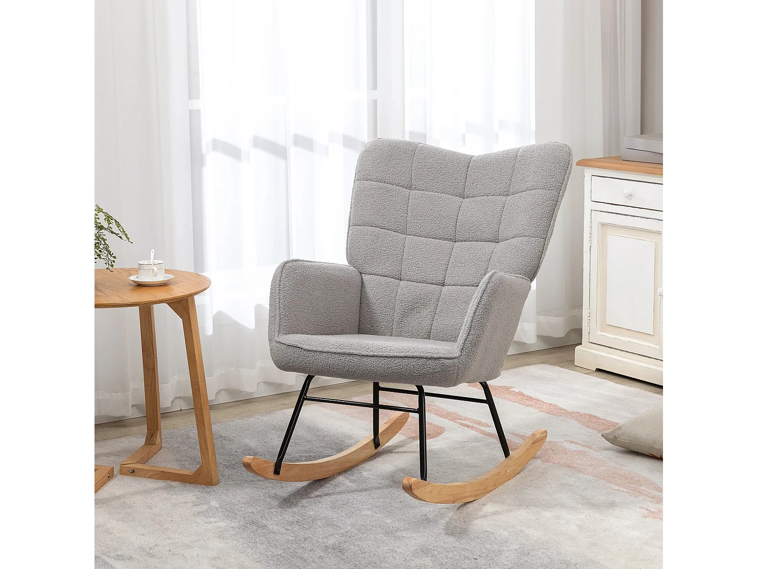 Fauteuil à bascule, rocking chair chiné, cadre en acier et pieds en bois, gris clair