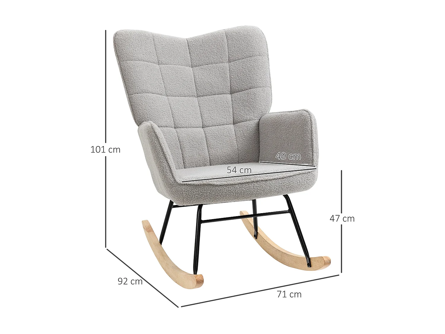 Fauteuil à bascule, rocking chair chiné, cadre en acier et pieds en bois, gris clair