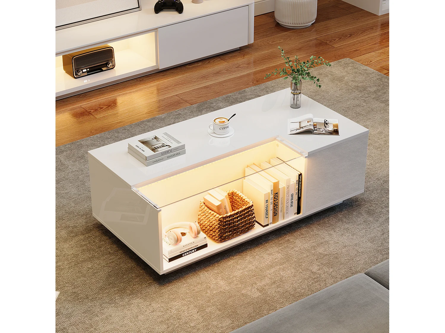 Salontafel 100x50x35cm met 2 lades en een halfopen vak, LED, gelakt wit