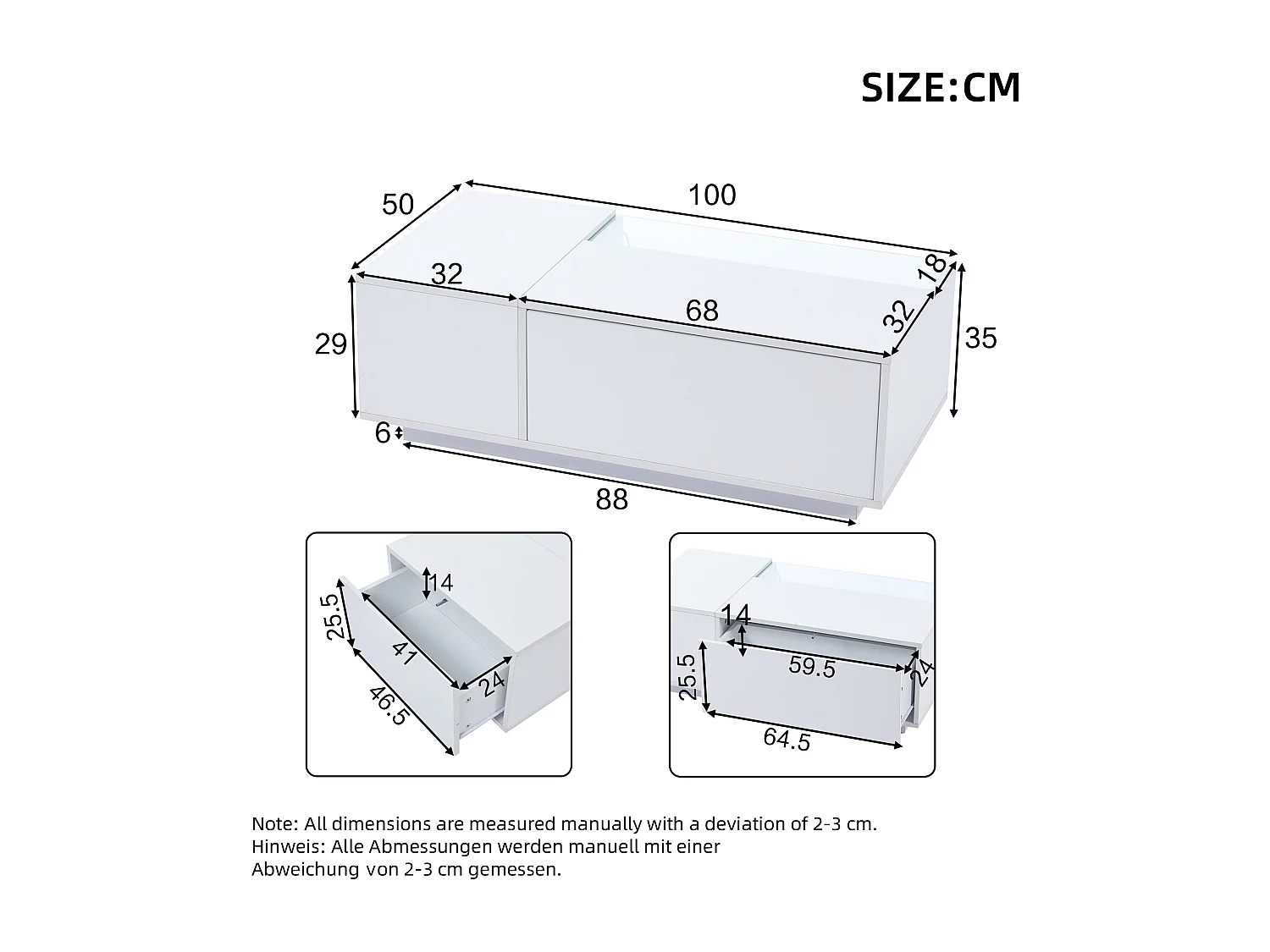 Salontafel 100x50x35cm met 2 lades en een halfopen vak, LED, gelakt wit