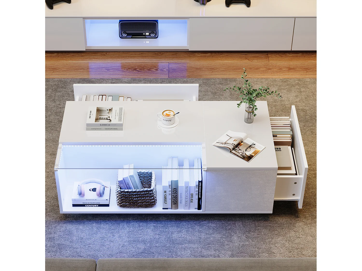 Salontafel 100x50x35cm met 2 lades en een halfopen vak, LED, gelakt wit