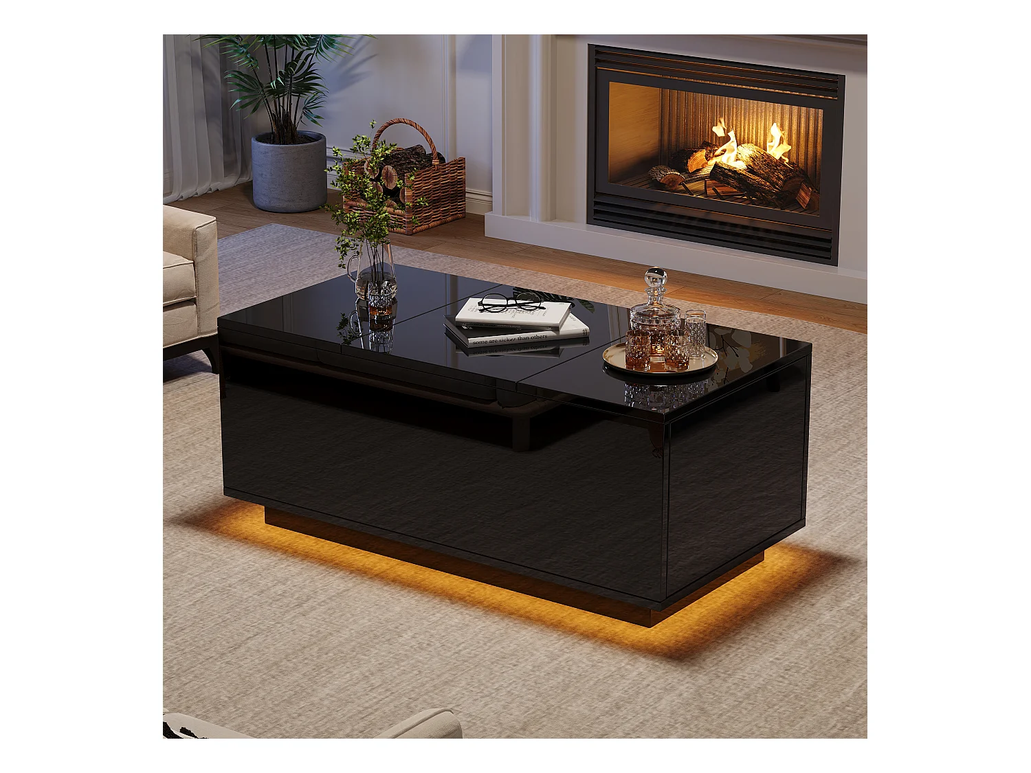 Salontafel met hefbaar bovenblad 95x48x40cm met 2 lades, LED, onderstel in zwart gelakt