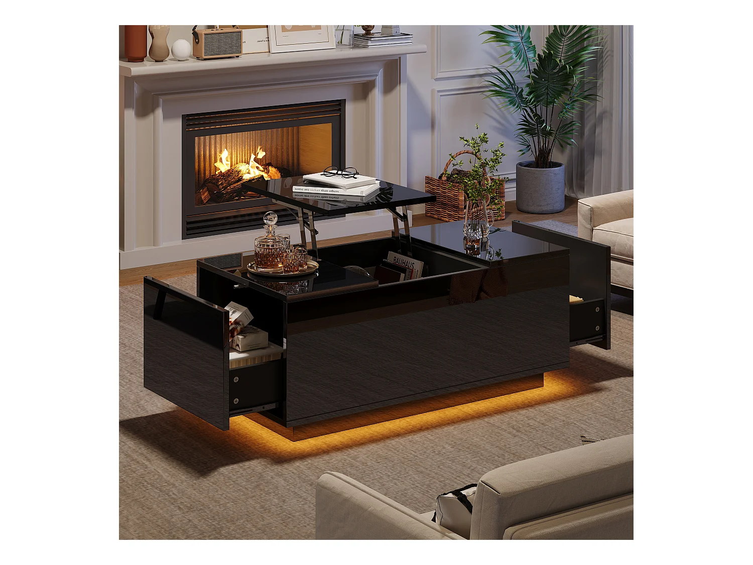 Table basse avec plateau relevable 95x48x40cm avec 2 tiroirs, LED, corps en noir laqué